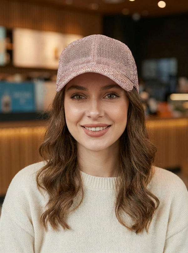 Gorra de béisbol de malla con lentejuelas para mujer, rosa brillante