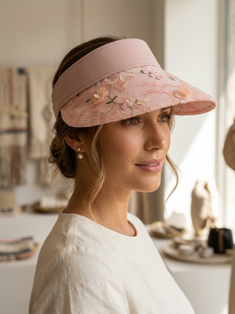 Solskygge til kvinder med blonder, blomsterbroderi og 3D-detaljer