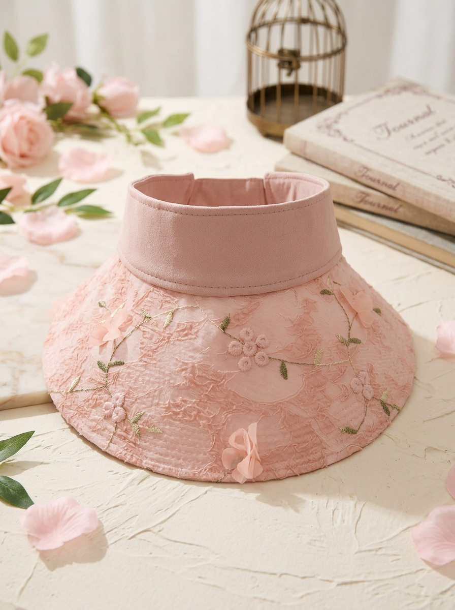 Solskygge til kvinder med blonder, blomsterbroderi og 3D-detaljer