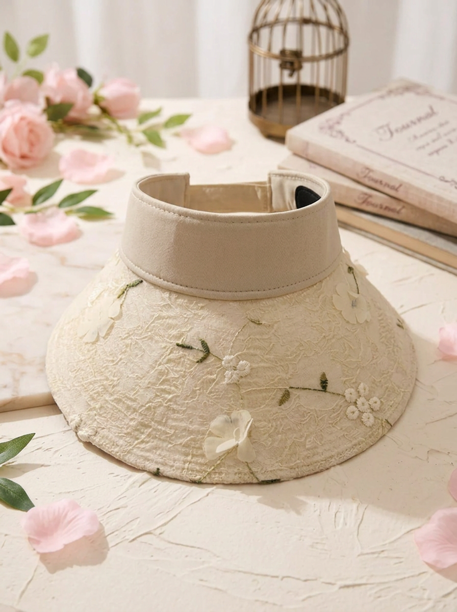 Solskygge til kvinder med blonder, blomsterbroderi og 3D-detaljer