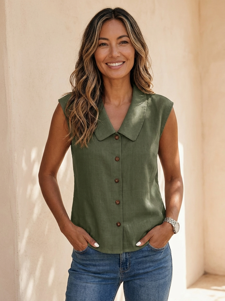 Damesblouse zonder mouwen met klassieke kraag
