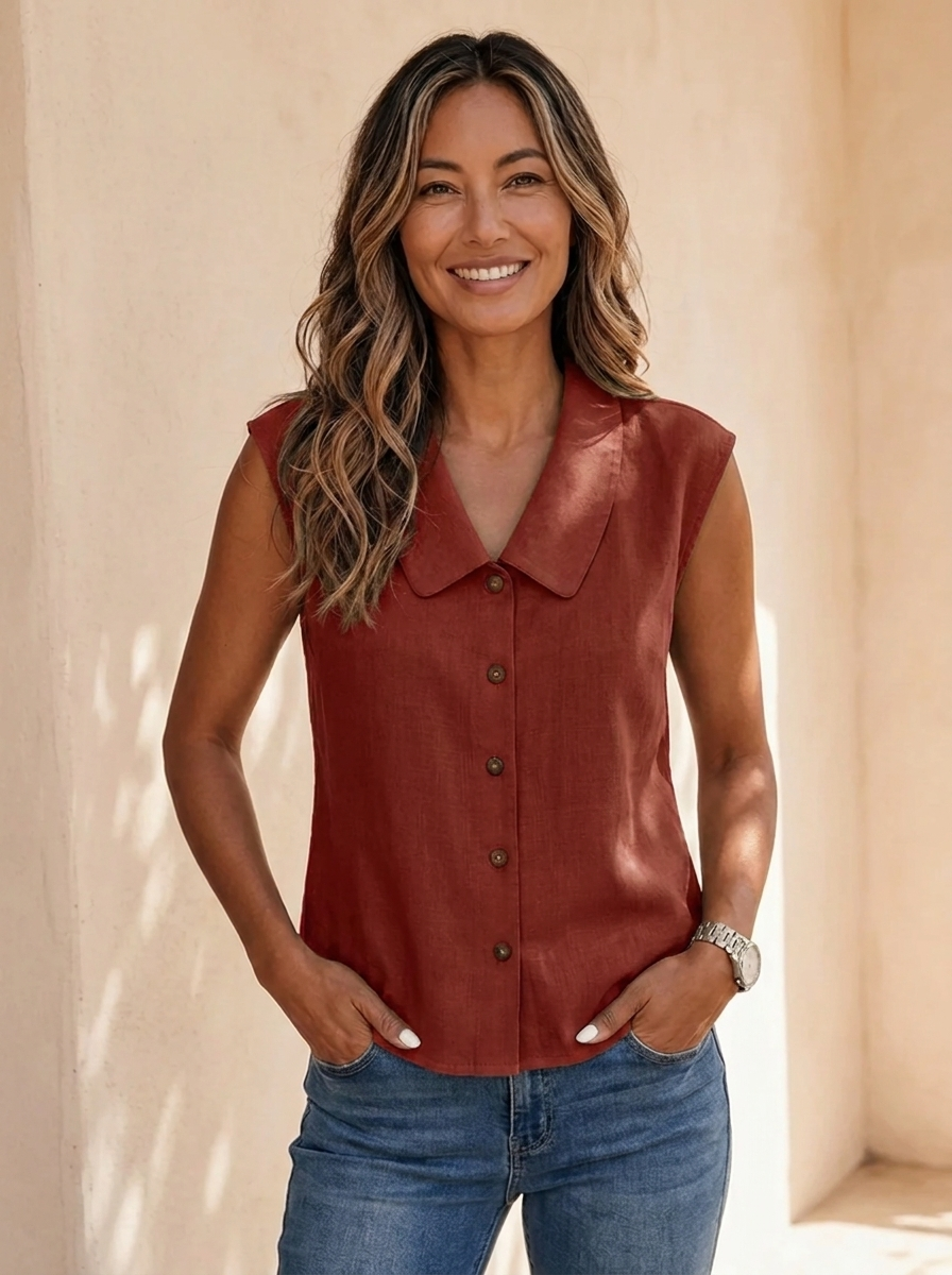Damesblouse zonder mouwen met klassieke kraag