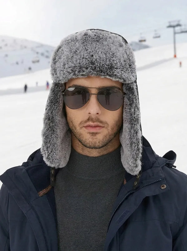 Chapka Homme Imperméable Noire avec Fourrure Synthétique Grise Douce pour Hiver