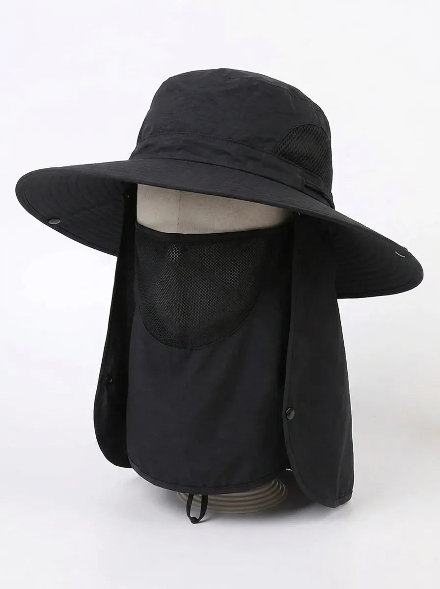 Sonnenhut mit breiter, umklappbarer Krempe, abnehmbarem Nackenlatz und Gesichtsmaske, atmungsaktiv