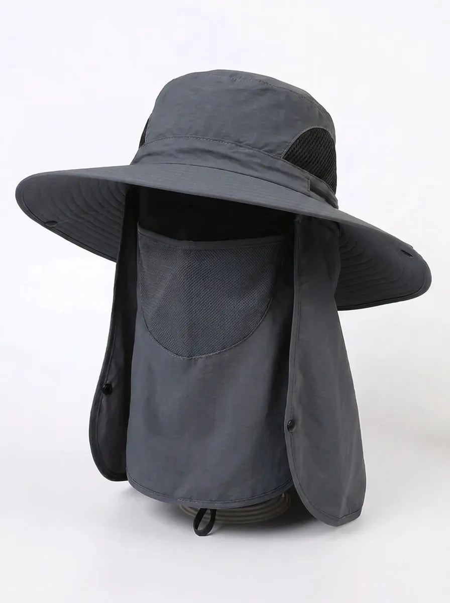 Sonnenhut mit breiter, umklappbarer Krempe, abnehmbarem Nackenlatz und Gesichtsmaske, atmungsaktiv