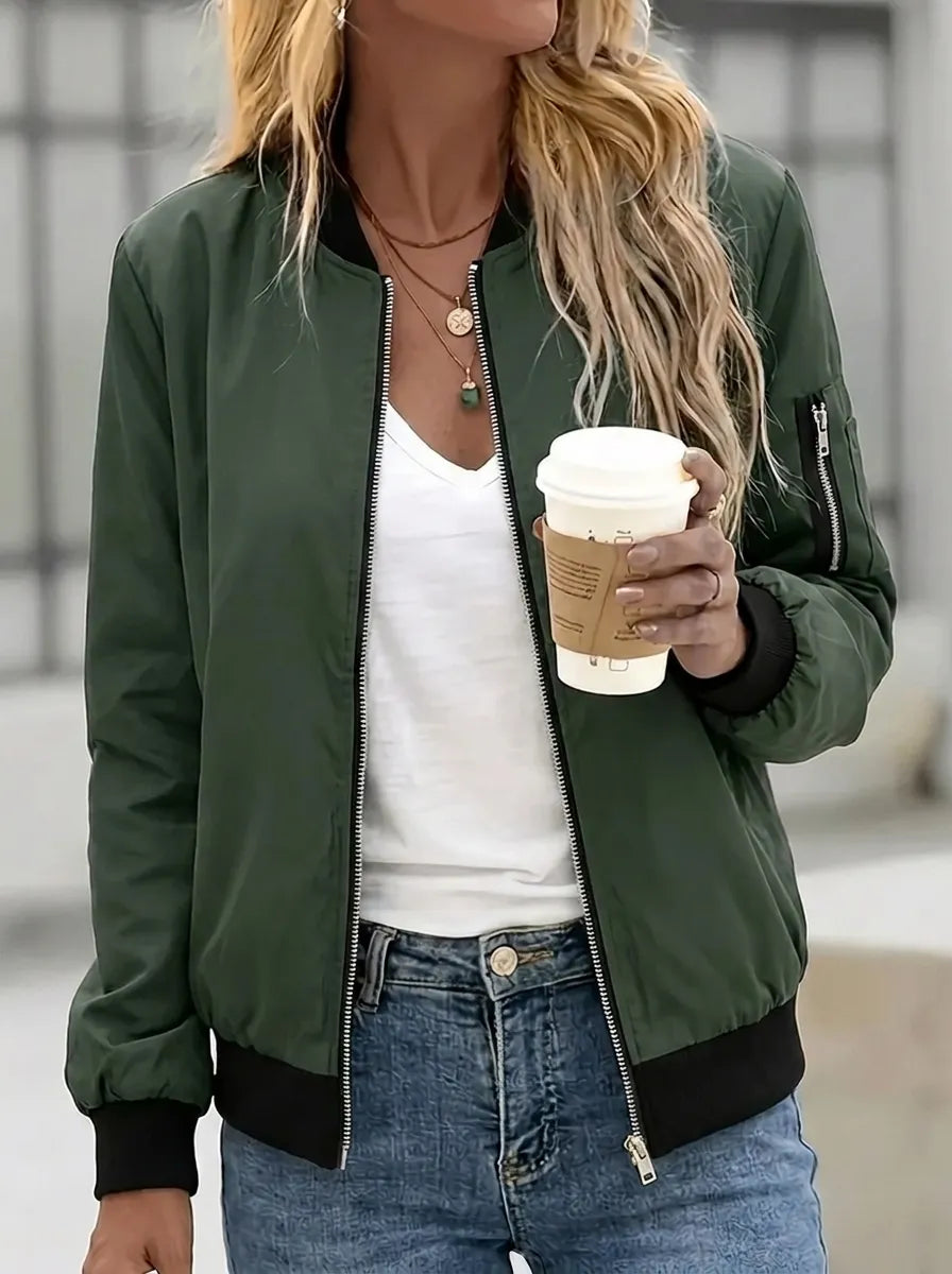 Women's bomber jacket, lightweight zip-up jacket with pockets and low collar