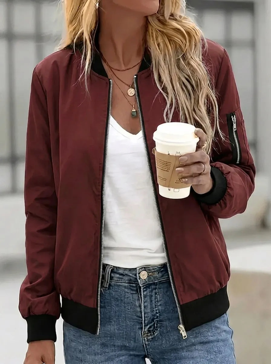 Women's bomber jacket, lightweight zip-up jacket with pockets and low collar
