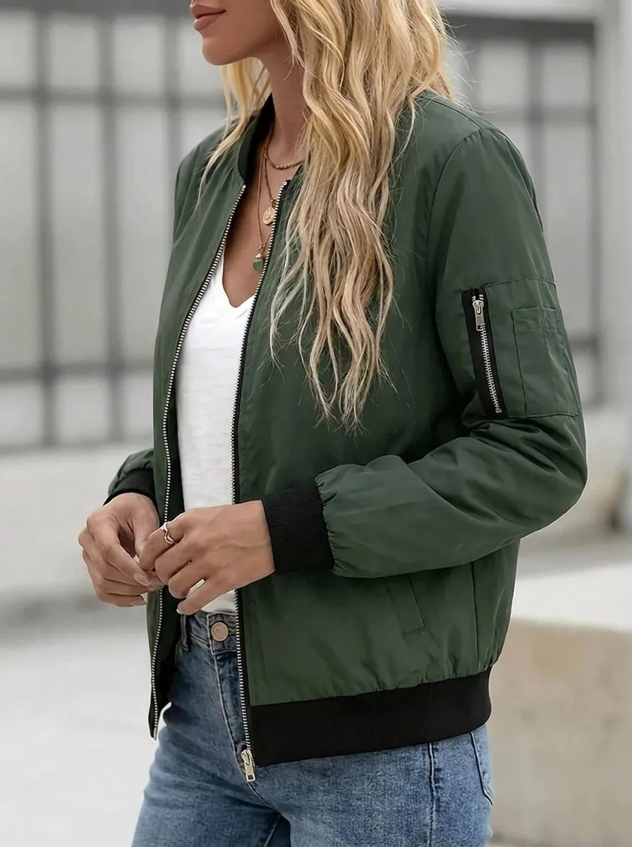 Women's bomber jacket, lightweight zip-up jacket with pockets and low collar