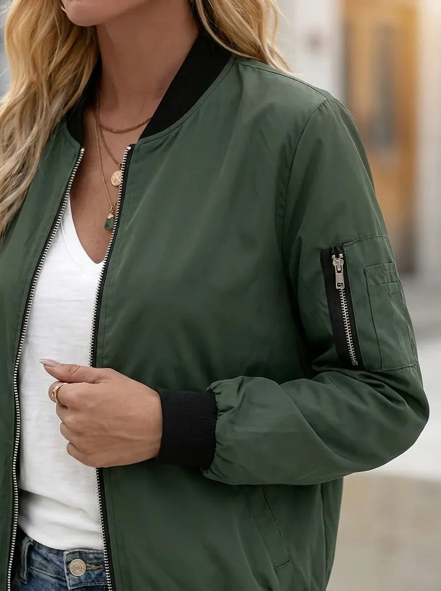Women's bomber jacket, lightweight zip-up jacket with pockets and low collar