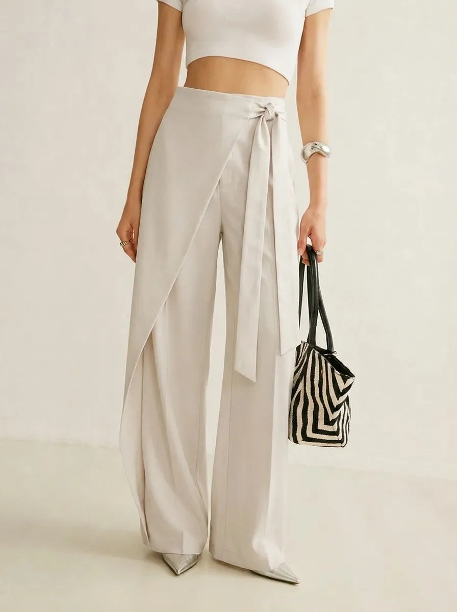 Women's High-Waisted Solid-Color Wrap Wide-Leg Trousers with Tie