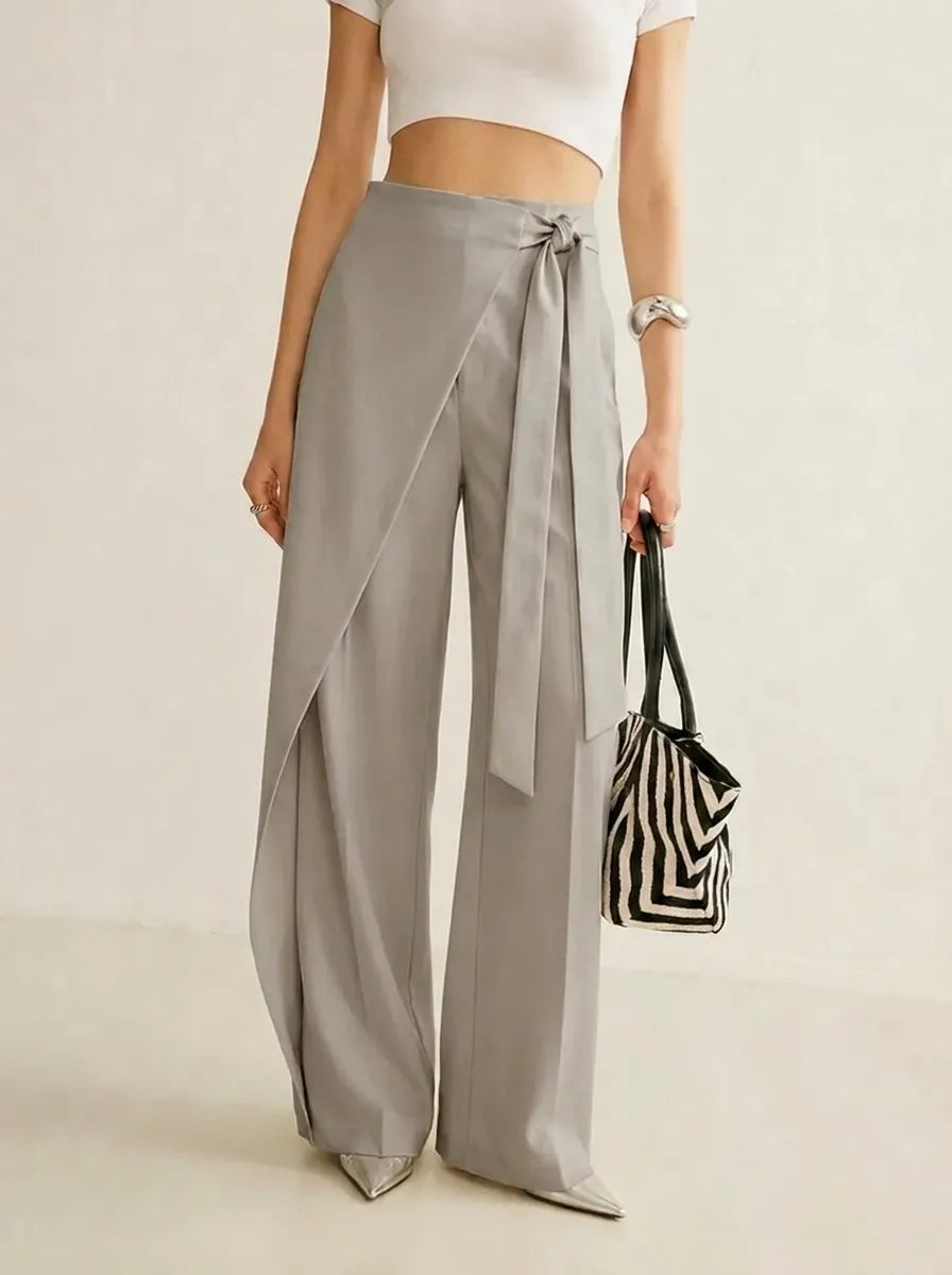 Women's High-Waisted Solid-Color Wrap Wide-Leg Trousers with Tie