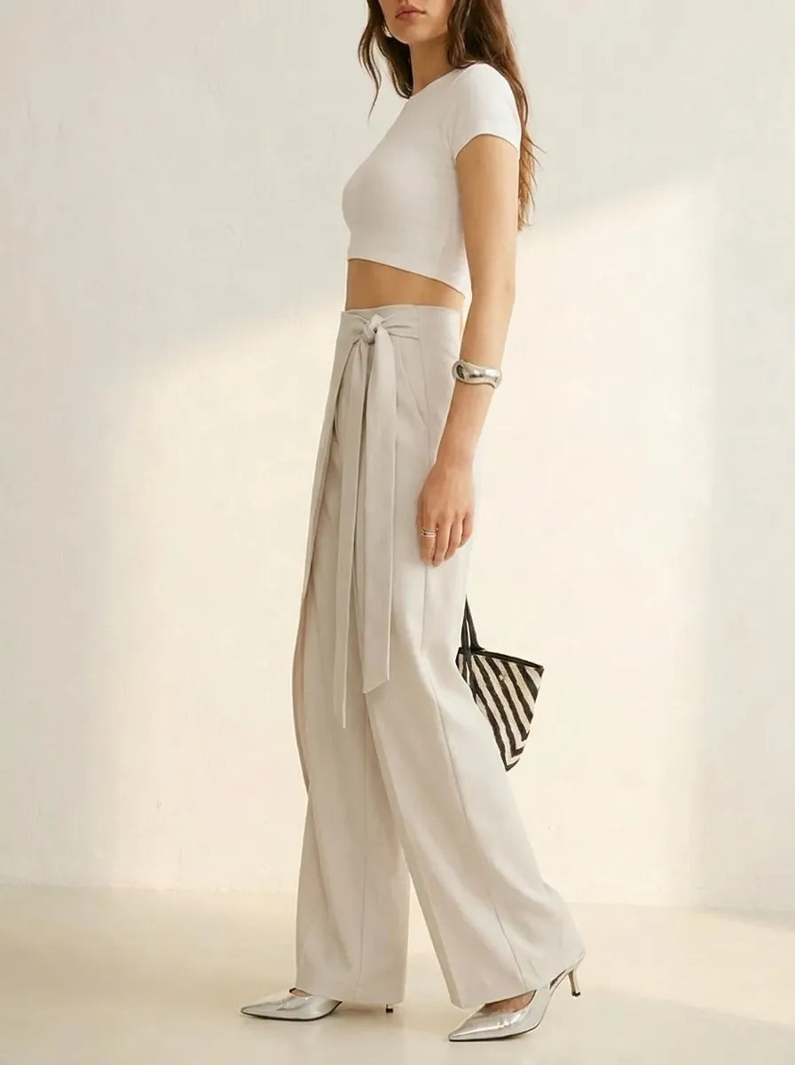 Women's High-Waisted Solid-Color Wrap Wide-Leg Trousers with Tie