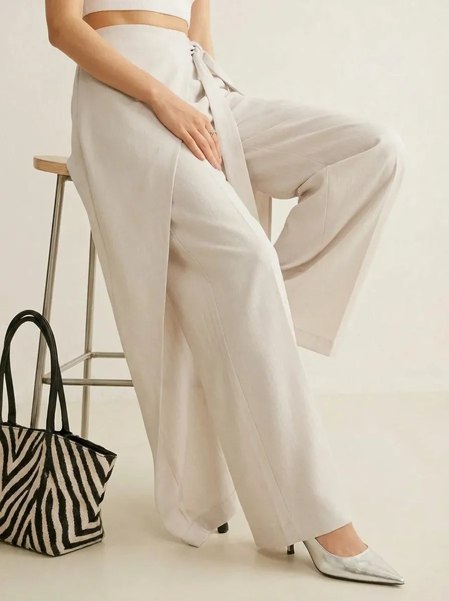 Women's High-Waisted Solid-Color Wrap Wide-Leg Trousers with Tie