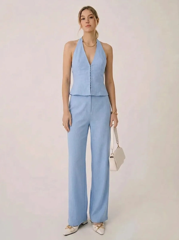 Damen-Set mit Neckholder-Oberteil und weiter Hose in Hellblau