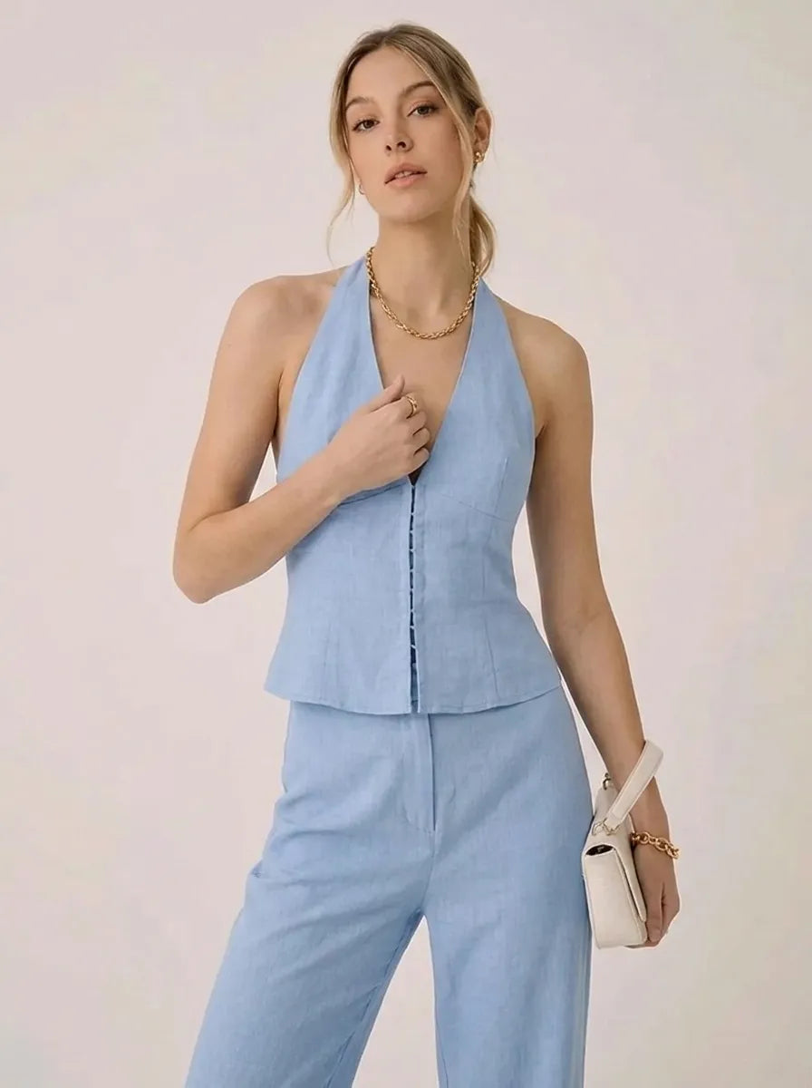 Women's light blue halter-neck wide-leg pants set