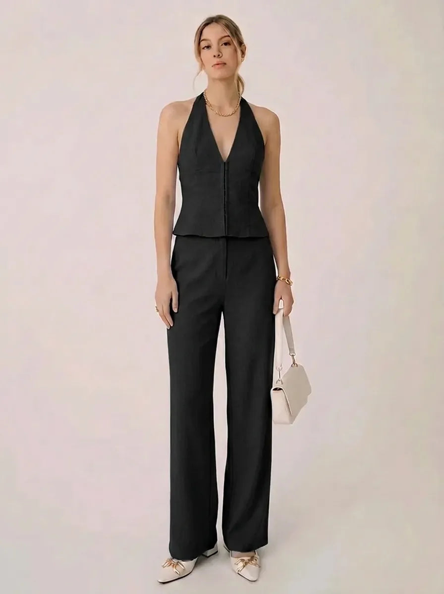 Women's light blue halter-neck wide-leg pants set