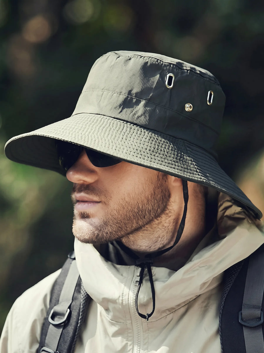 Solid-color bucket sun hat with drawstring