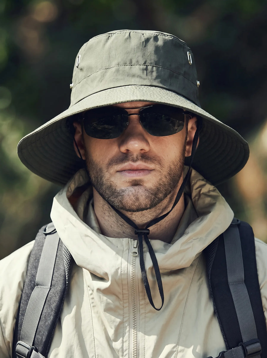 Solid-color bucket sun hat with drawstring