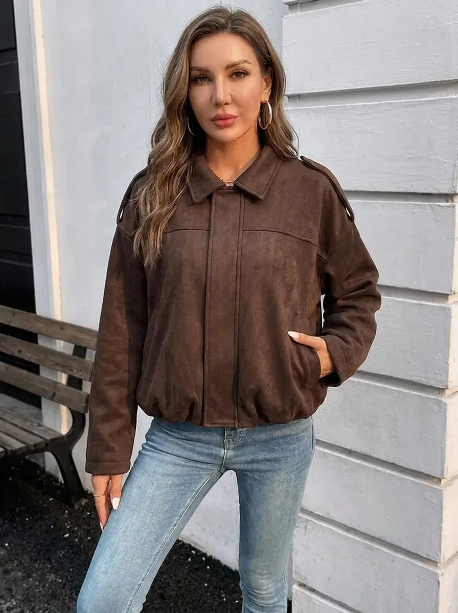 Women's Short Aviator-Style Bomber Jacket with Classic Collar and Elastic Hem