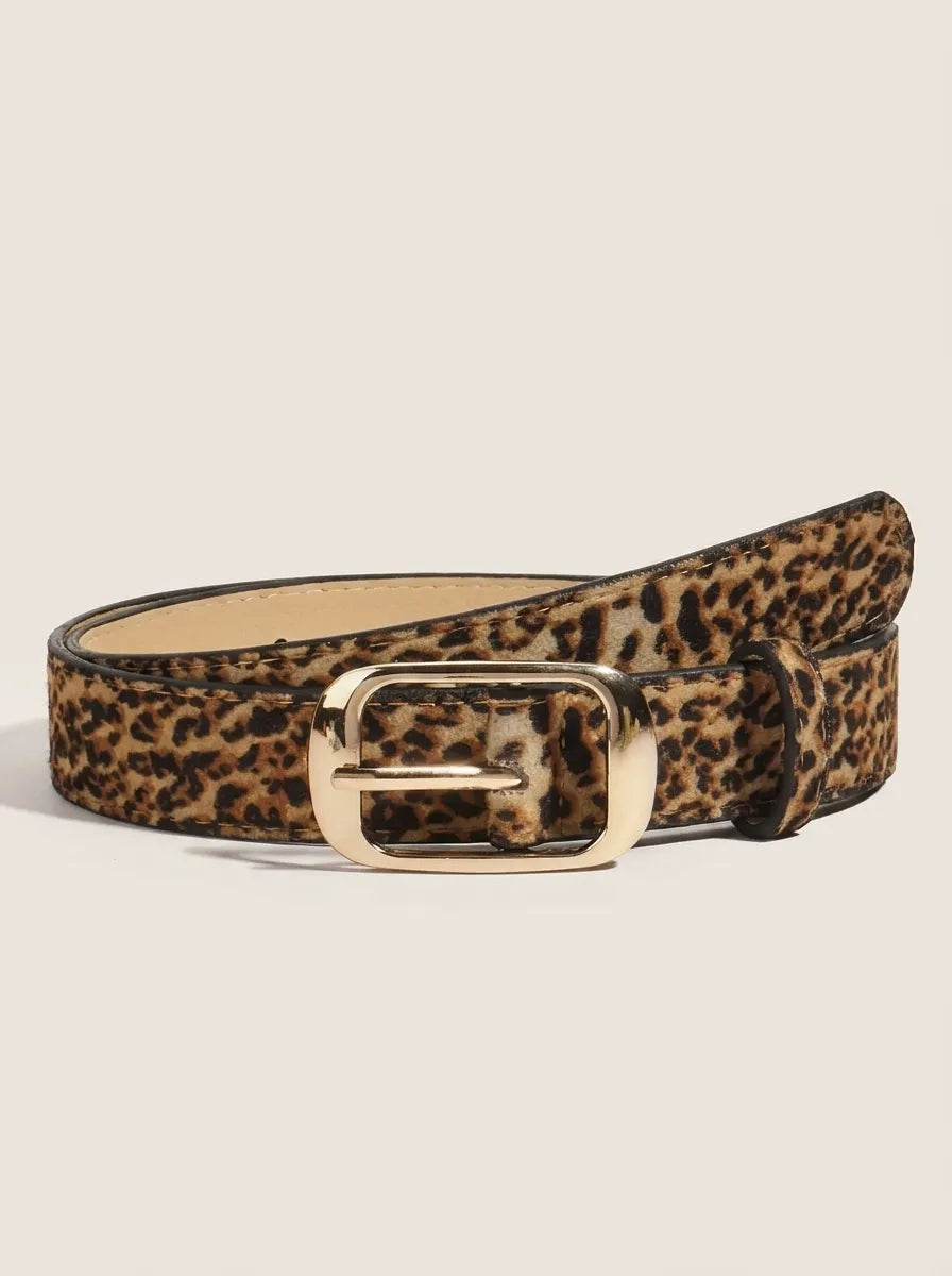Leopardmönstrat bälte med rektangulärt guldfärgat spänne