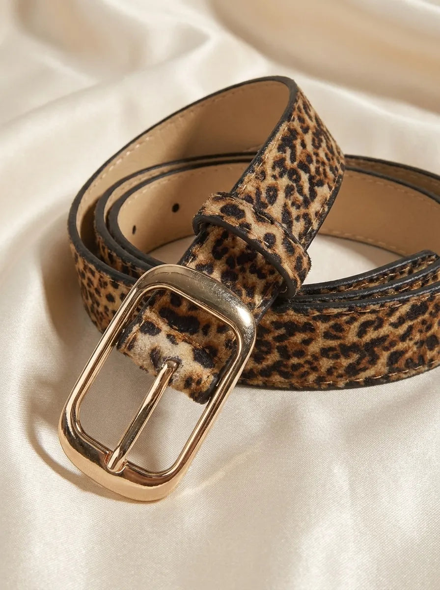 Leopardmönstrat bälte med rektangulärt guldfärgat spänne