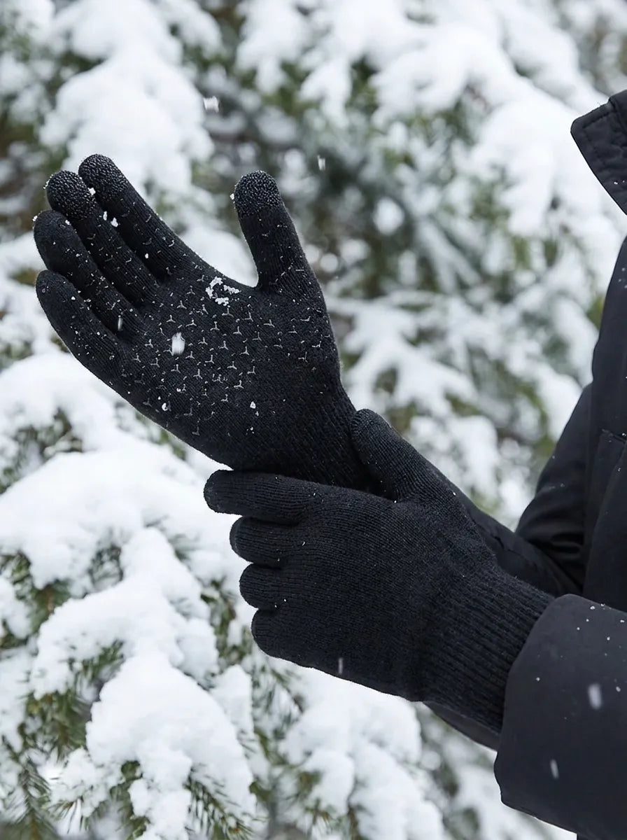 Schwarze gestrickte Winter-Touchscreenhandschuhe mit rutschfestem Muster