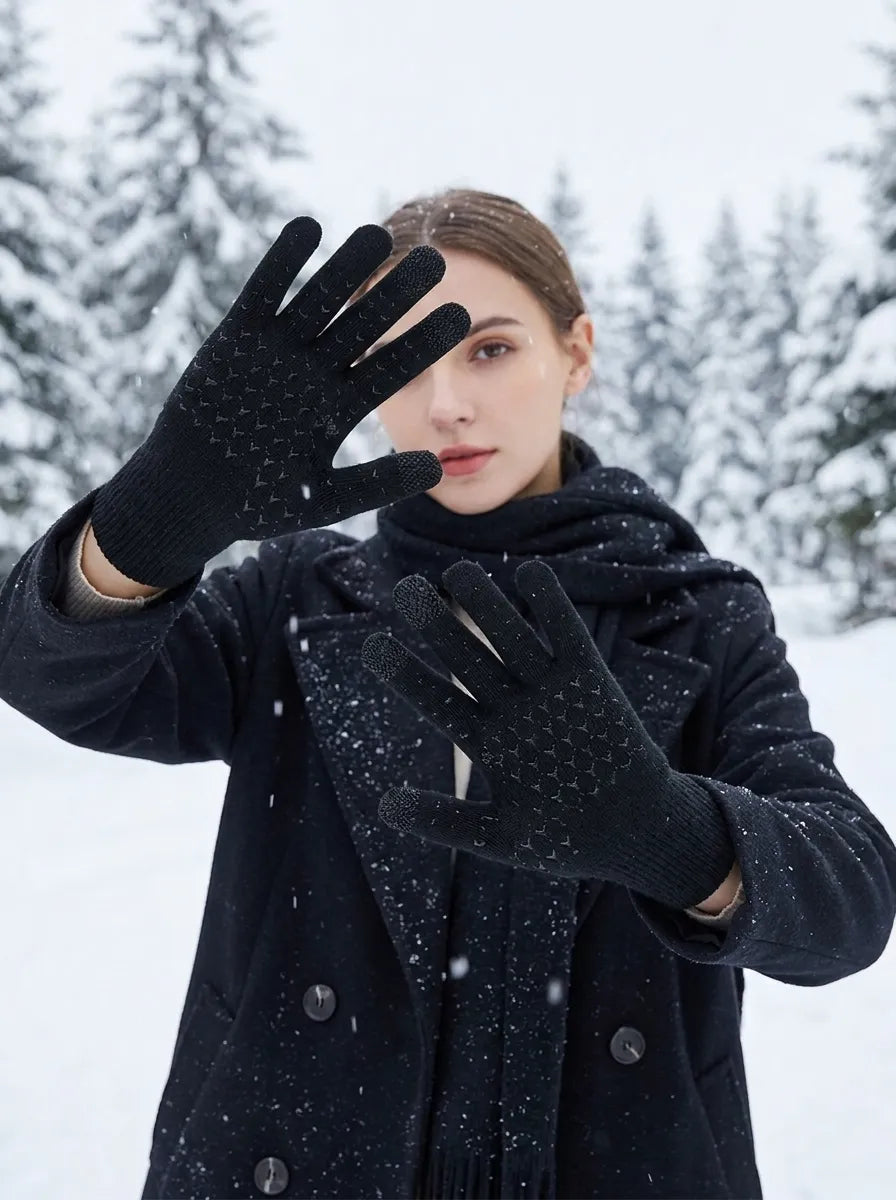 Schwarze gestrickte Winter-Touchscreenhandschuhe mit rutschfestem Muster