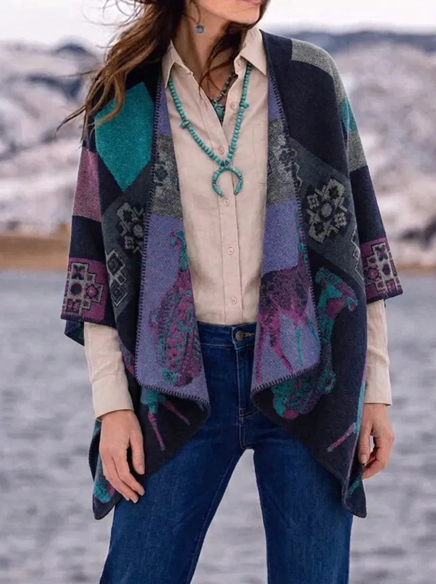 Cardigan Kimono Femme à Motifs Ethniques Imprimés Coupe Ample Multicolore