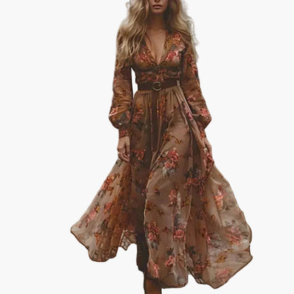 Vestido largo bohemio mujer mangas largas con volantes estampado floral para ocasión informal o al aire libre