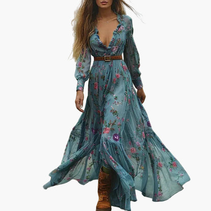 Vestido largo bohemio mujer mangas largas con volantes estampado floral para ocasión informal o al aire libre