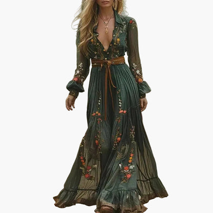 Vestido largo bohemio mujer mangas largas con volantes estampado floral para ocasión informal o al aire libre