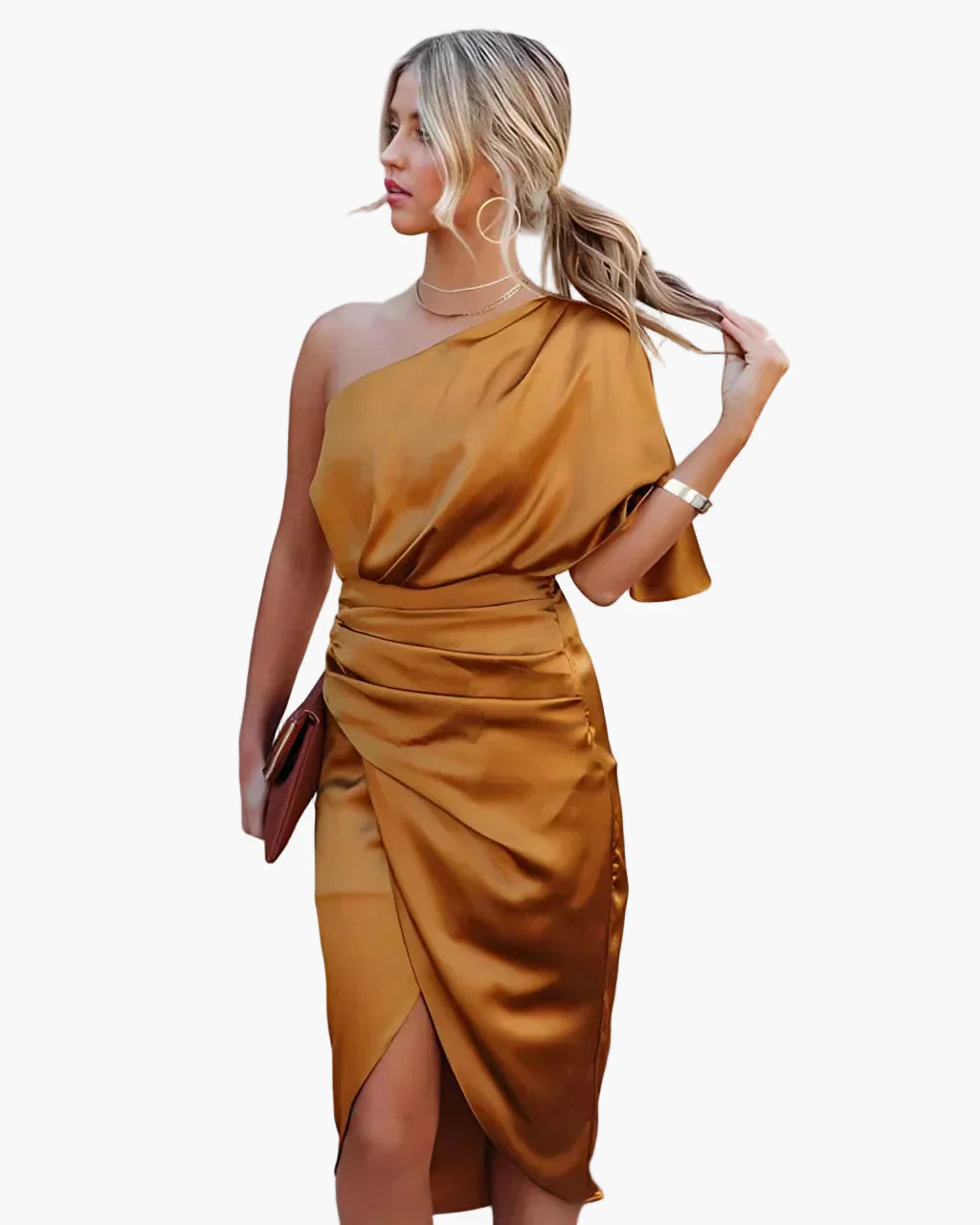 Robe midi asymétrique de soirée pour femme, style drapé élégant, usage événementiel et cocktail