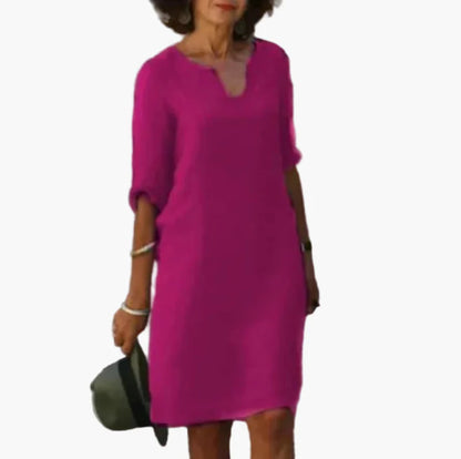 Robe Femme Élégante Décontractée à Col V et Manches 3/4 – Style Polyvalent pour Bureau et Loisirs