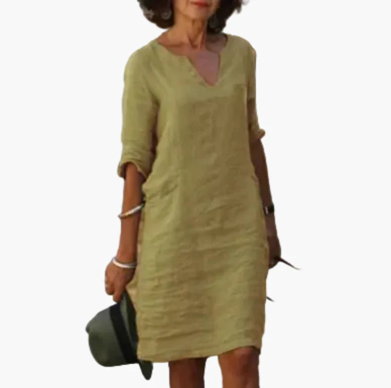 Robe Femme Élégante Décontractée à Col V et Manches 3/4 – Style Polyvalent pour Bureau et Loisirs