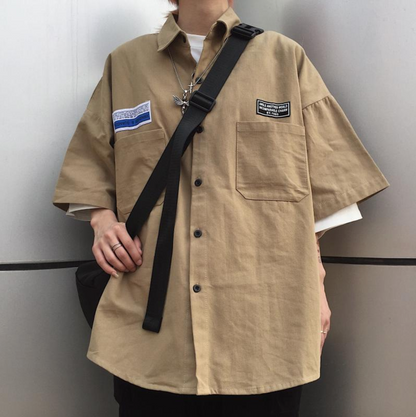 Oversize kortærmet arbejderskjorte til mænd i urban streetwear-stil