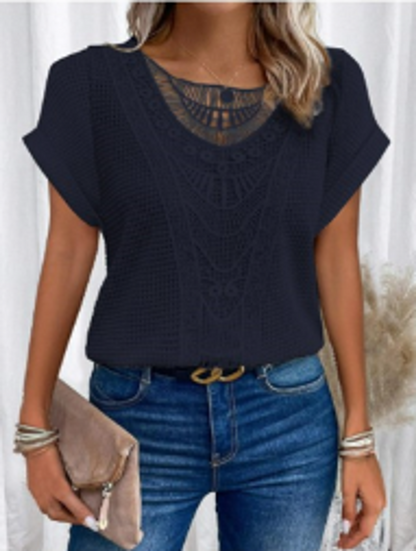 Leora™ - Topp med rund hals og blonderand