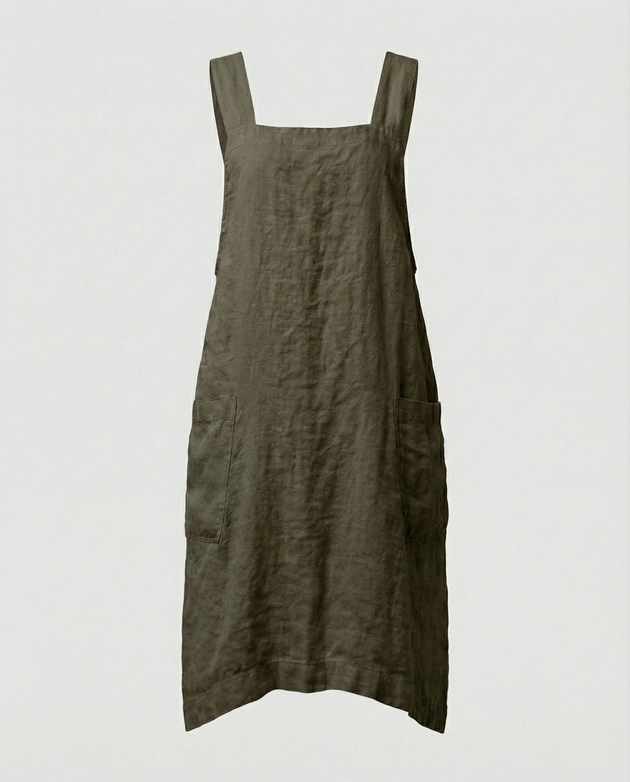 Vestido tipo delantal de tejido ligero, con tirantes anchos y bolsillos – estilo casual