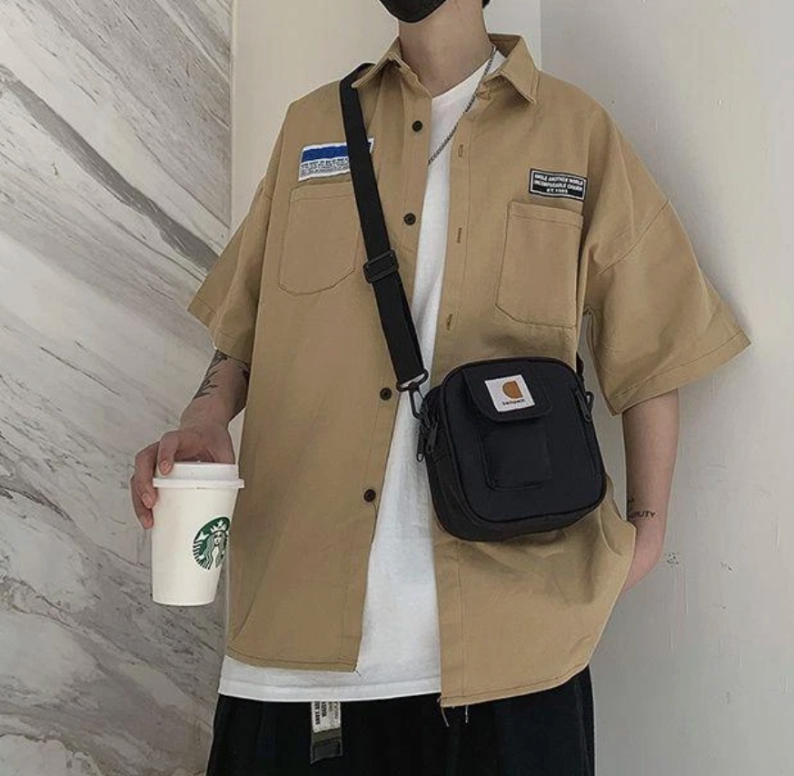 Oversize kortærmet arbejderskjorte til mænd i urban streetwear-stil