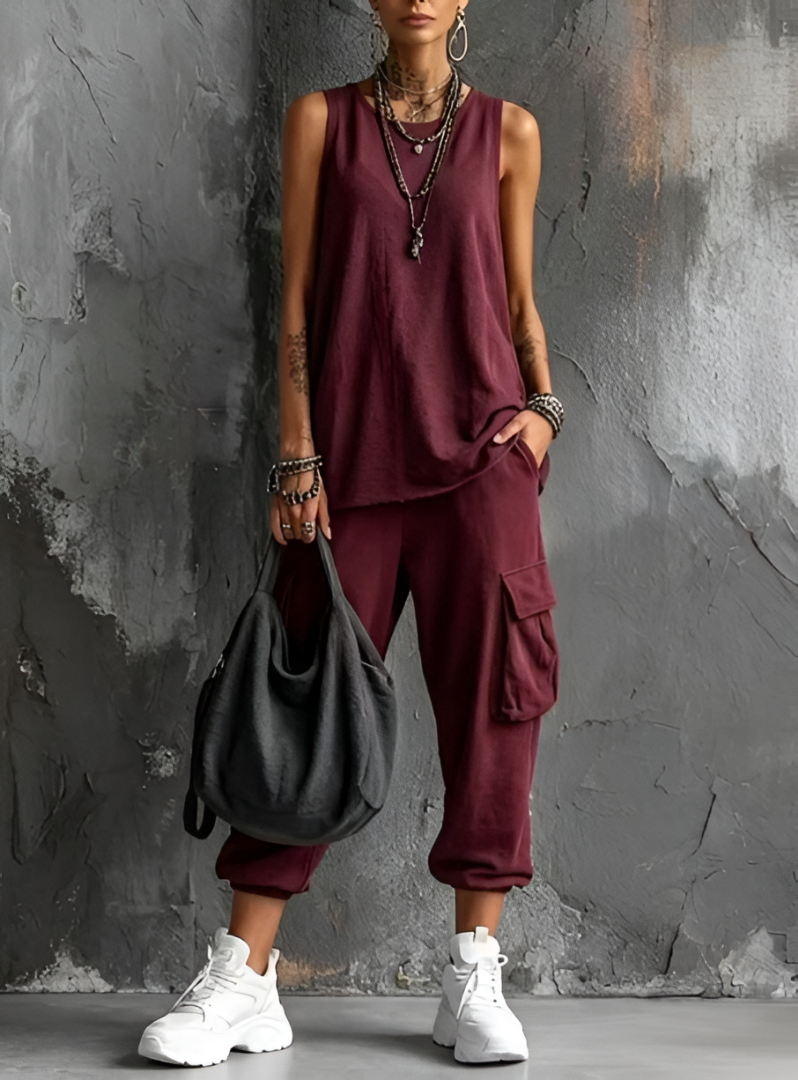 Women's Casual Tank Top and Short Cargo Pants Set in Khaki