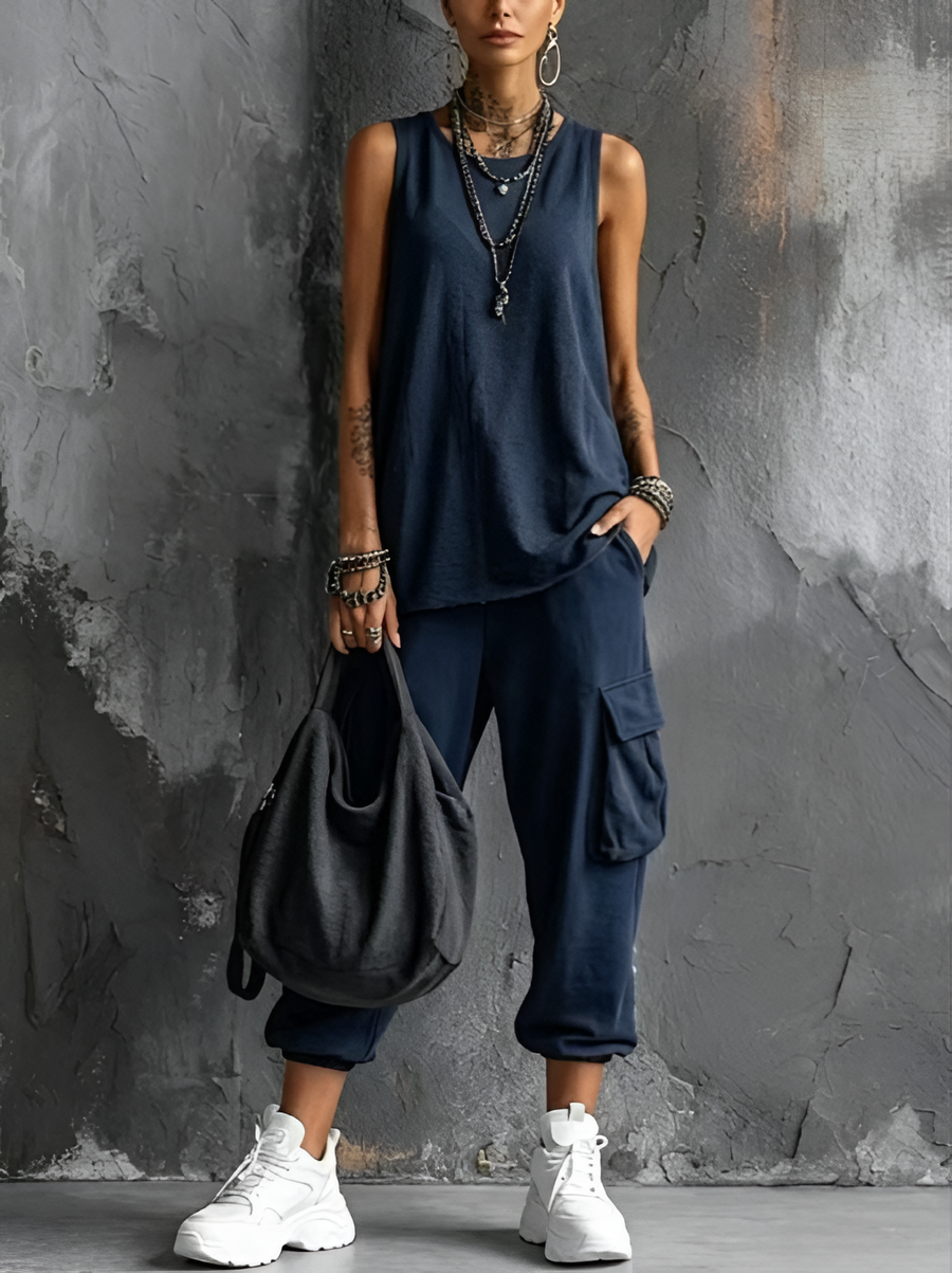 Women's Casual Tank Top and Short Cargo Pants Set in Khaki