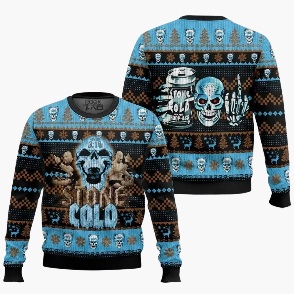 Felpa uomo Stone Cold Steve Austin stile maglione di Natale, motivo teschio e wrestling, regalo divertente