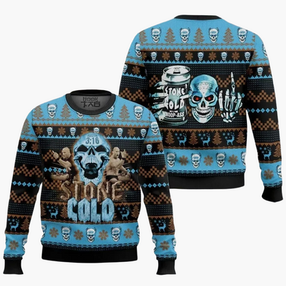 Felpa uomo Stone Cold Steve Austin stile maglione di Natale, motivo teschio e wrestling, regalo divertente