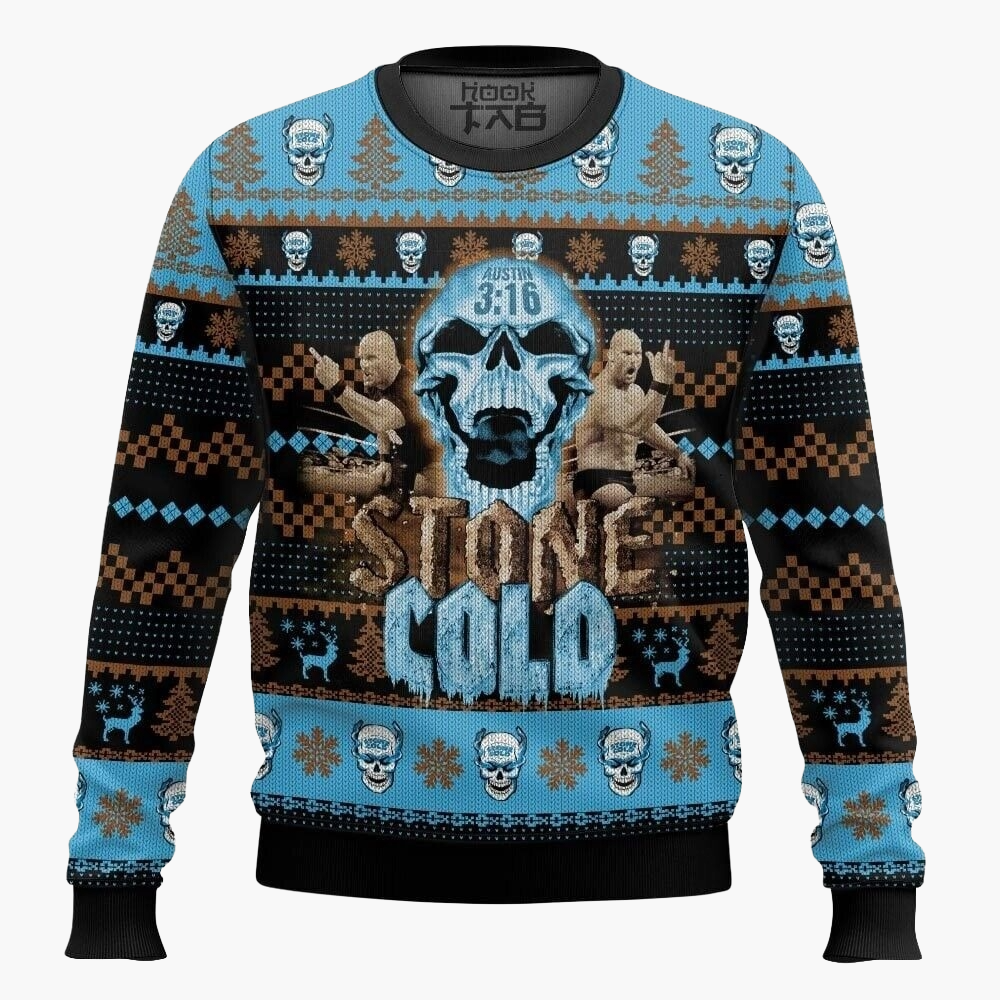 Felpa uomo Stone Cold Steve Austin stile maglione di Natale, motivo teschio e wrestling, regalo divertente