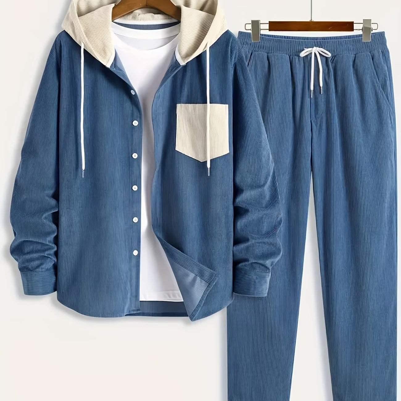 Ensemble Homme Côtelé Chemise à Capuche et Pantalon Couleur Unie