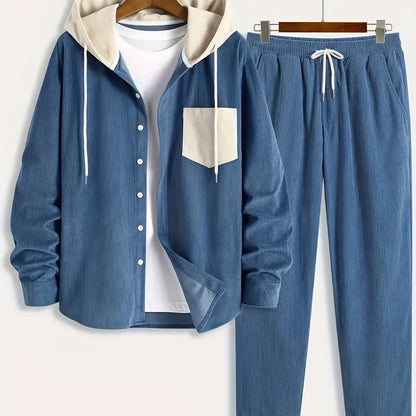 Ensemble Homme Côtelé Chemise à Capuche et Pantalon Couleur Unie