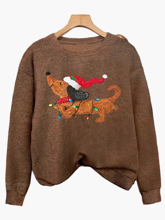 Avslappnad jultröja för dam med hund och ljusslinga, festlig stil