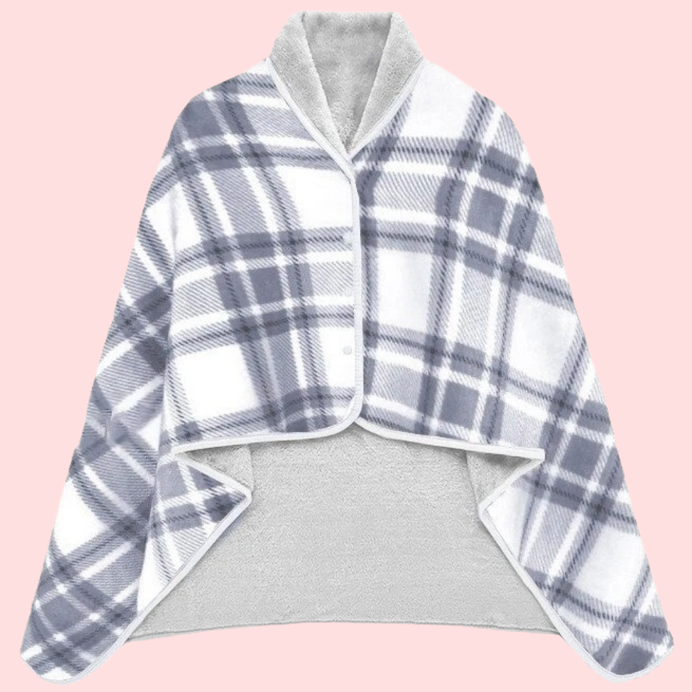 Women's Plaid Snap Button Fleece Lined Poncho Cape