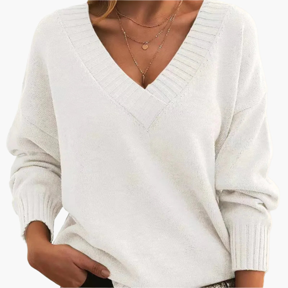 Damski sweter z dekoltem w serek na zimę, elegancki i swobodny, z długim rękawem