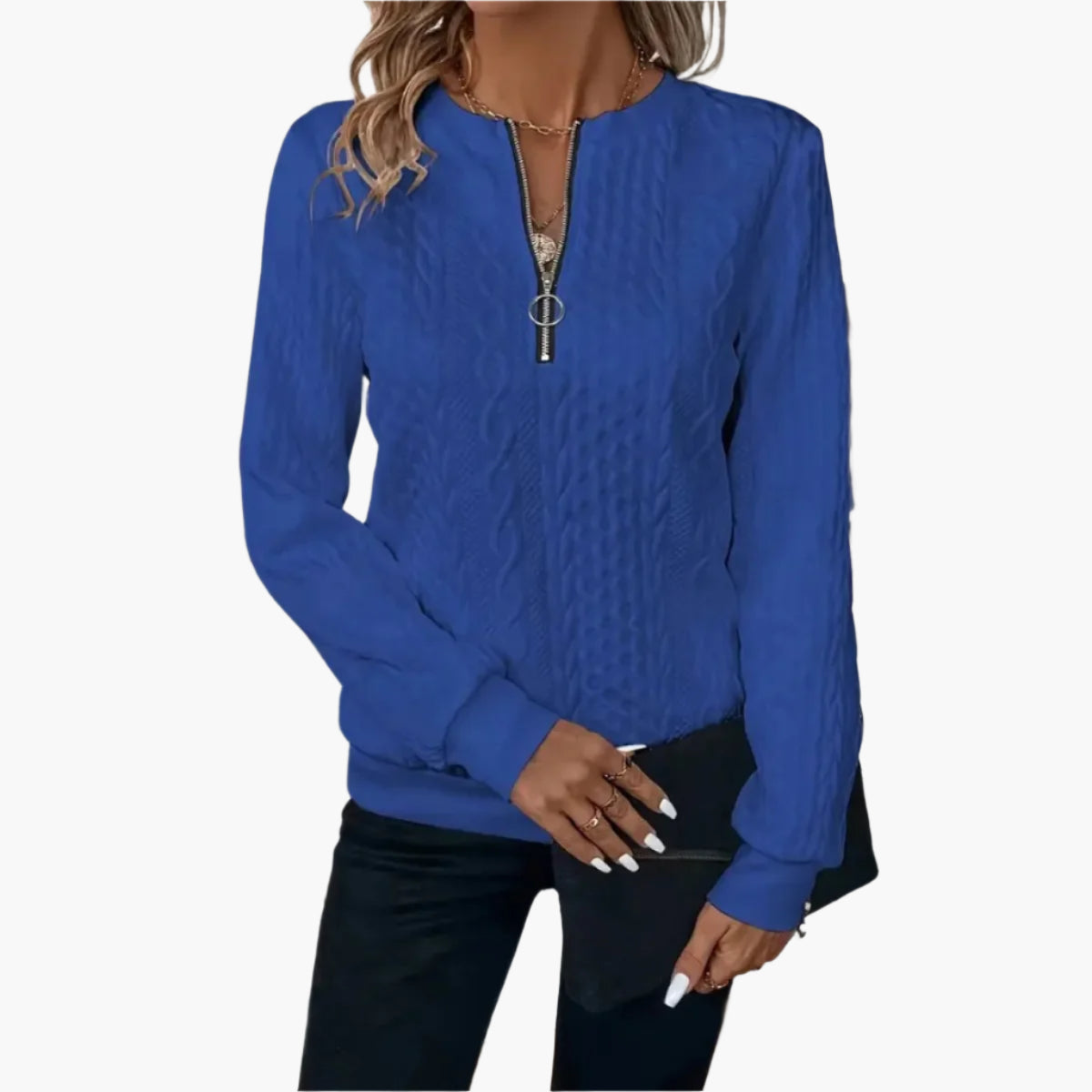 Women's Casual Elegant Cable Knit Pullover with Zipper – Ideal for Autumn and Winter