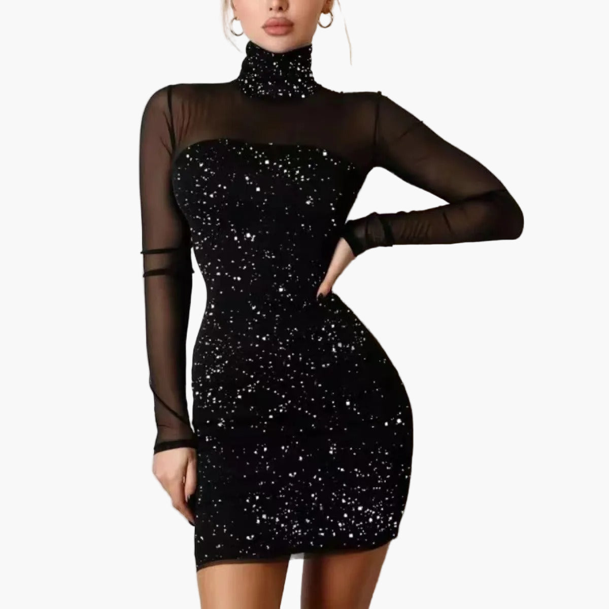 Robe de soirée élégante à col montant et manches longues pour femme, style chic et glamour